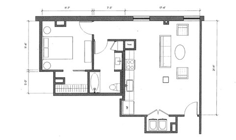 Floor plan for 1 bed, 1 bath, 1112 sqft